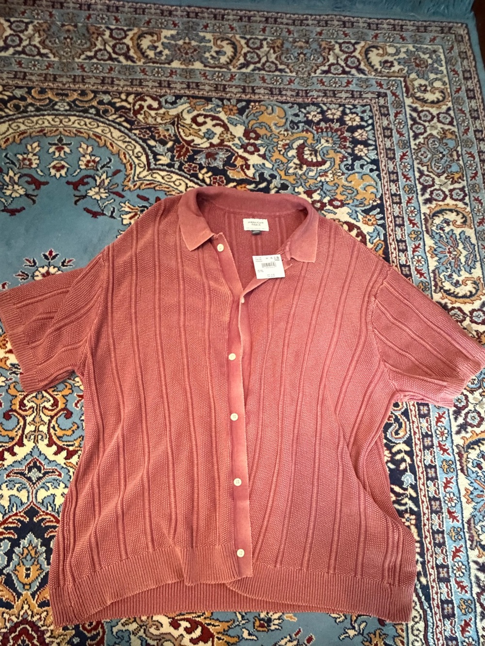 NWT American Eagle Ribbed Knit Sweater Polo Shirt XXL Pink Mauve Short Sleeve